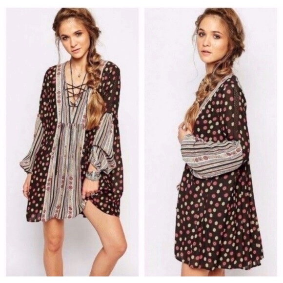 Free People Dresses & Skirts - J14 Free‎ People Womens Rain or Shine Mini Dress Long Sleeve Black Multicolor